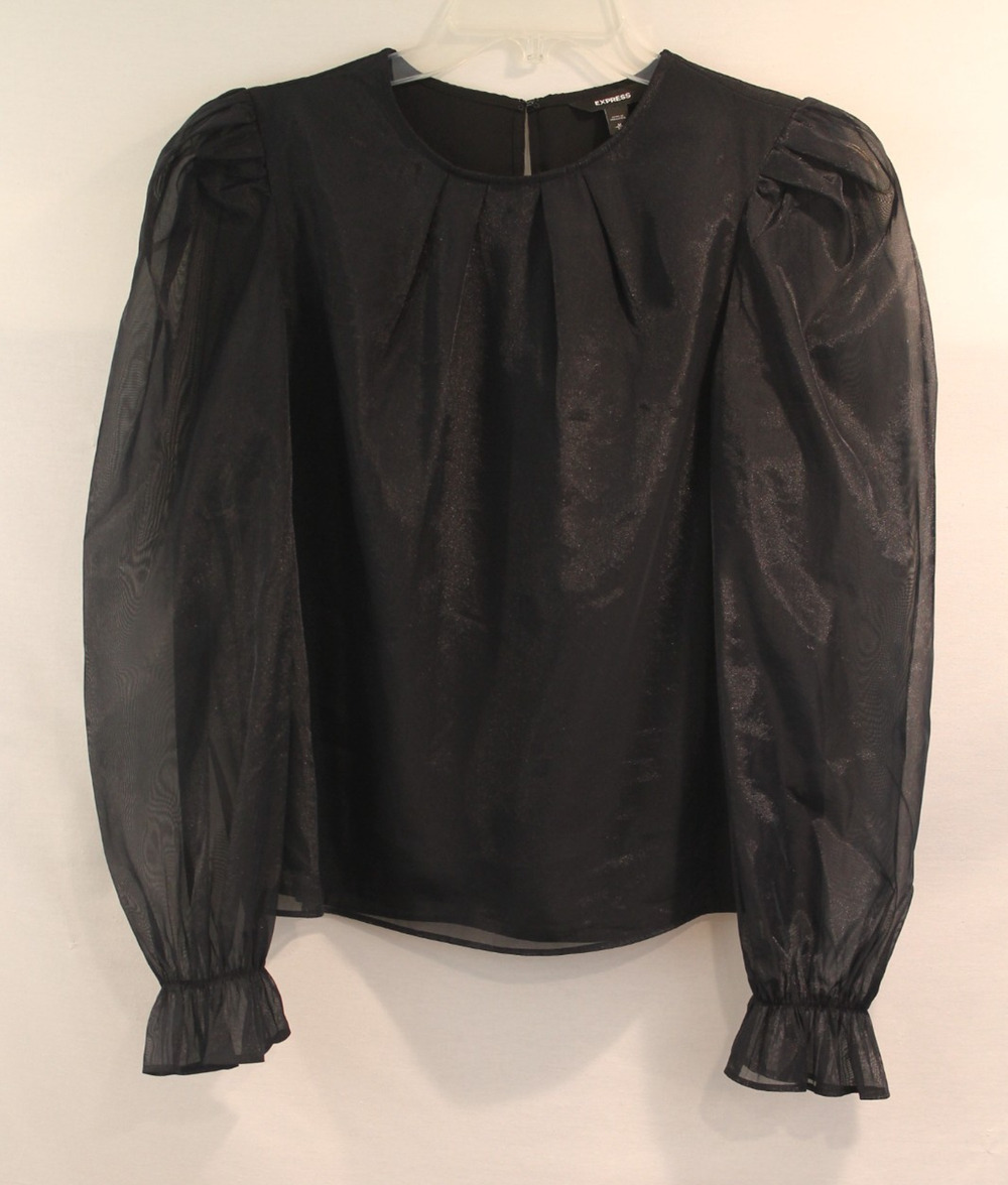 Express Vtg Organza Romantic Goth Top Womens M Black Pleated Neck Puff Sleeves